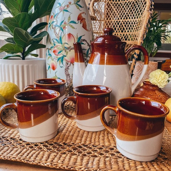 Vintage Other - Vintage Ceramic Two Tone Boho Brown Cream 4 Cups